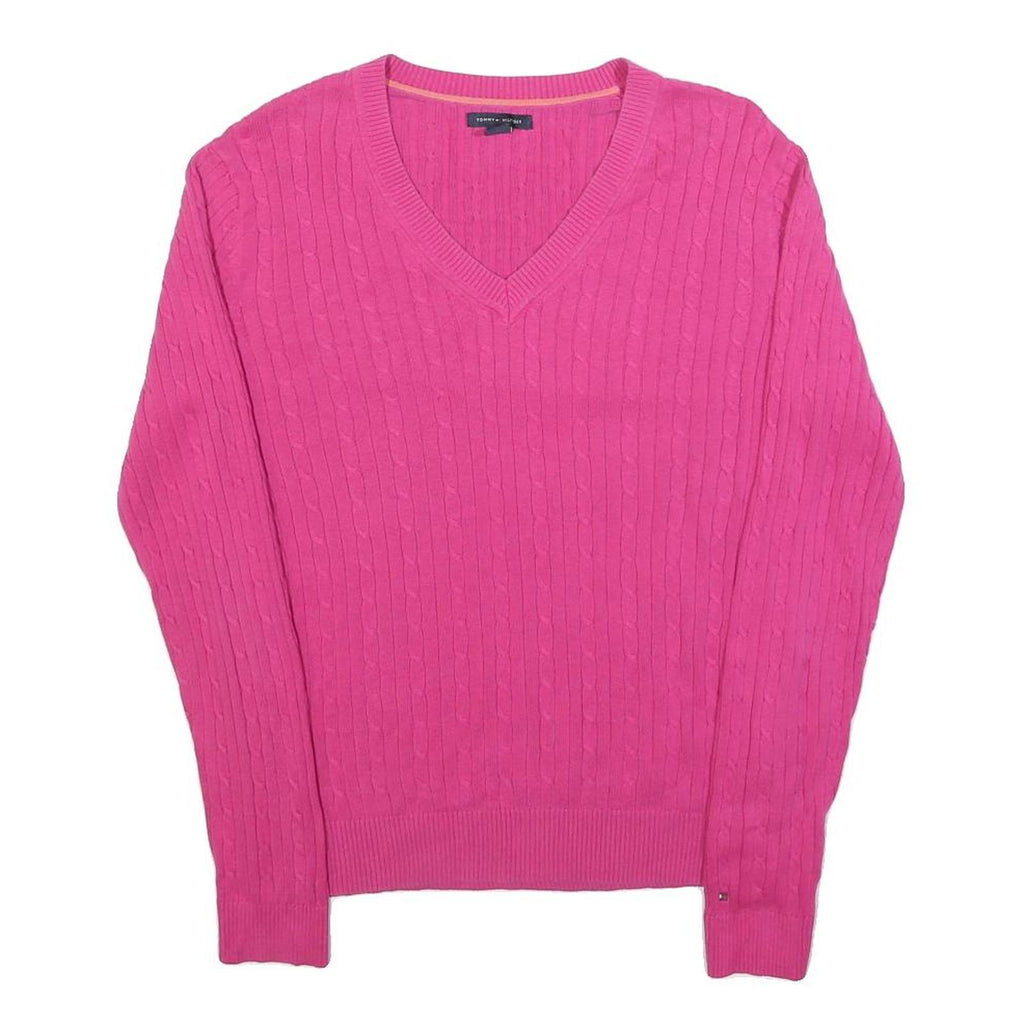 TOMMY HILFIGER Womens Pink Fashion Jumper Patterned V-Neck Basic Knit L Cotton