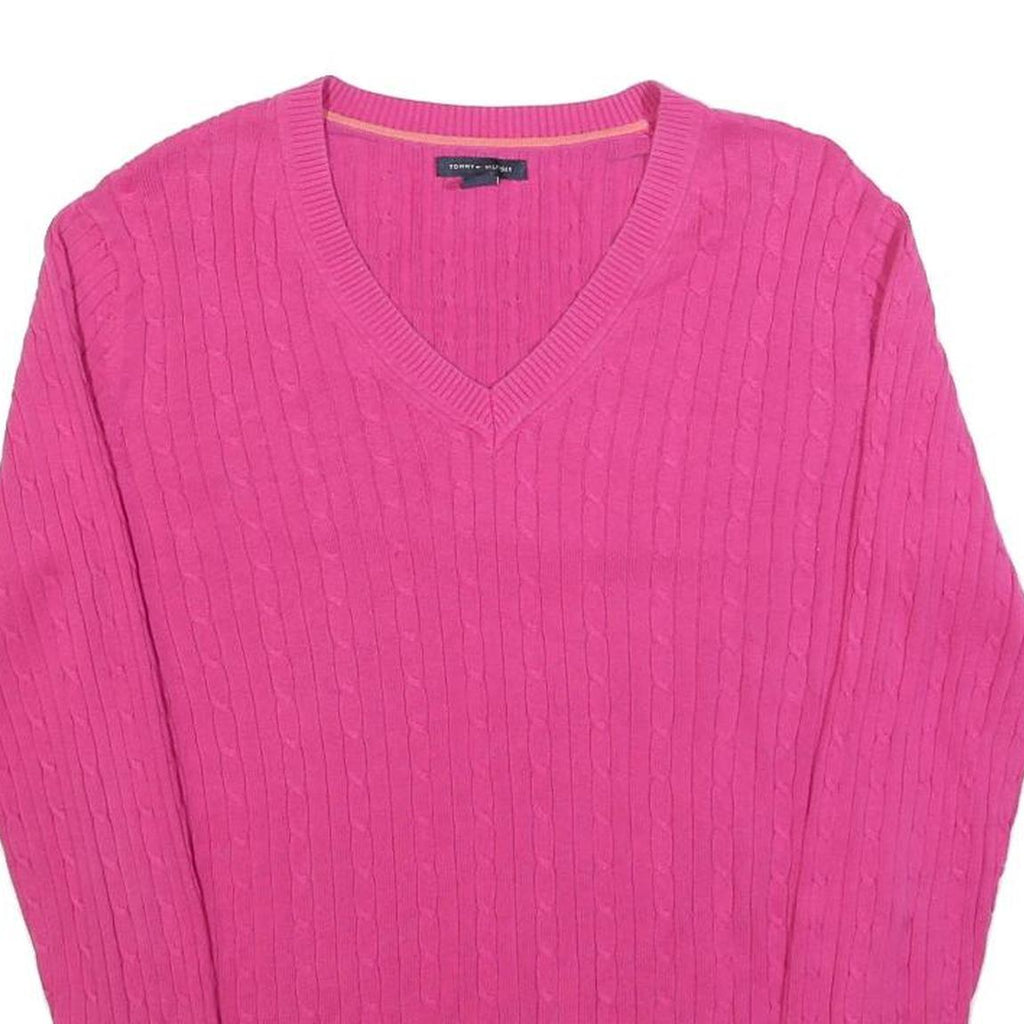 TOMMY HILFIGER Womens Pink Fashion Jumper Patterned V-Neck Basic Knit L Cotton