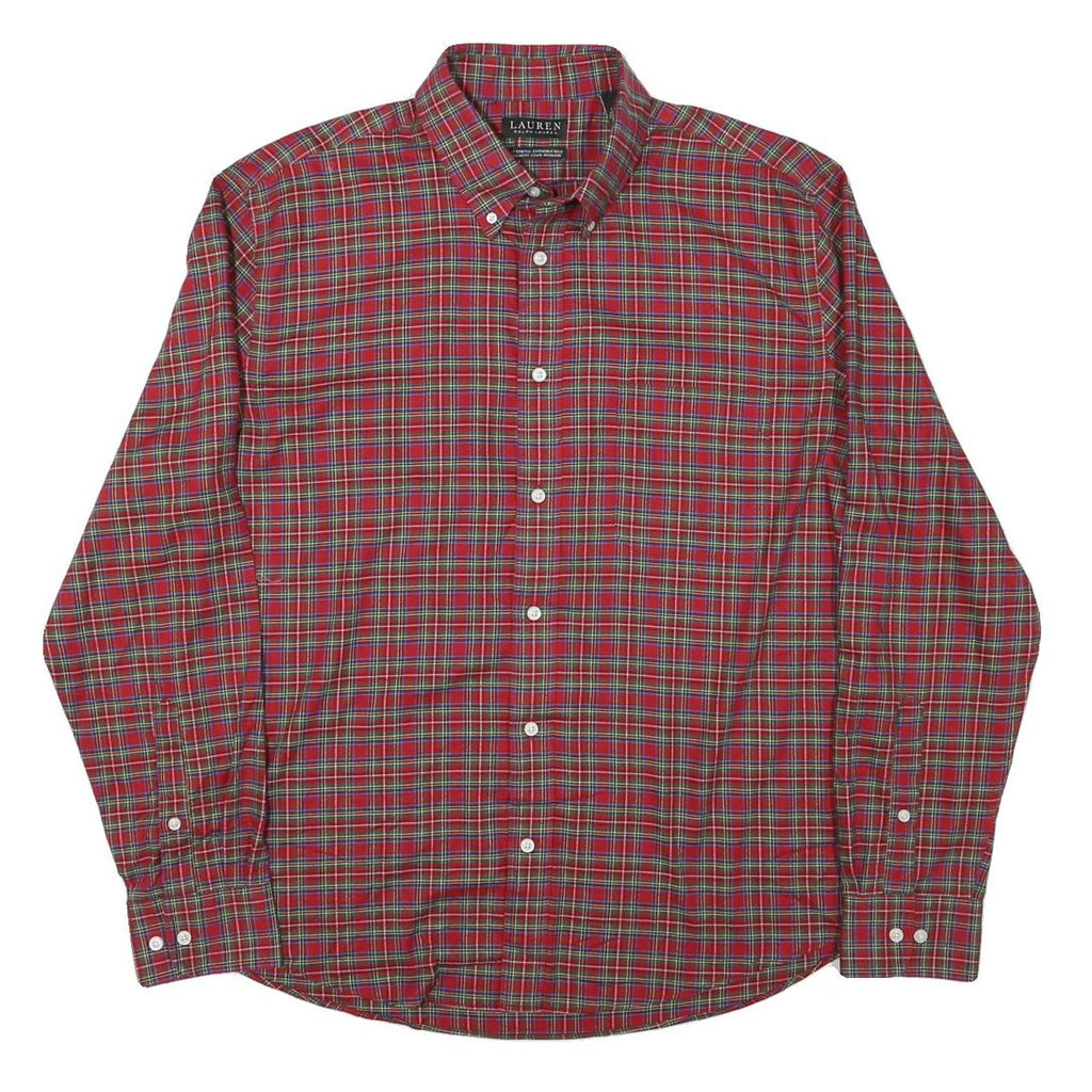 LAUREN RALPH LAUREN Mens Red Green Check Shirt L Classic Cotton Blend Button