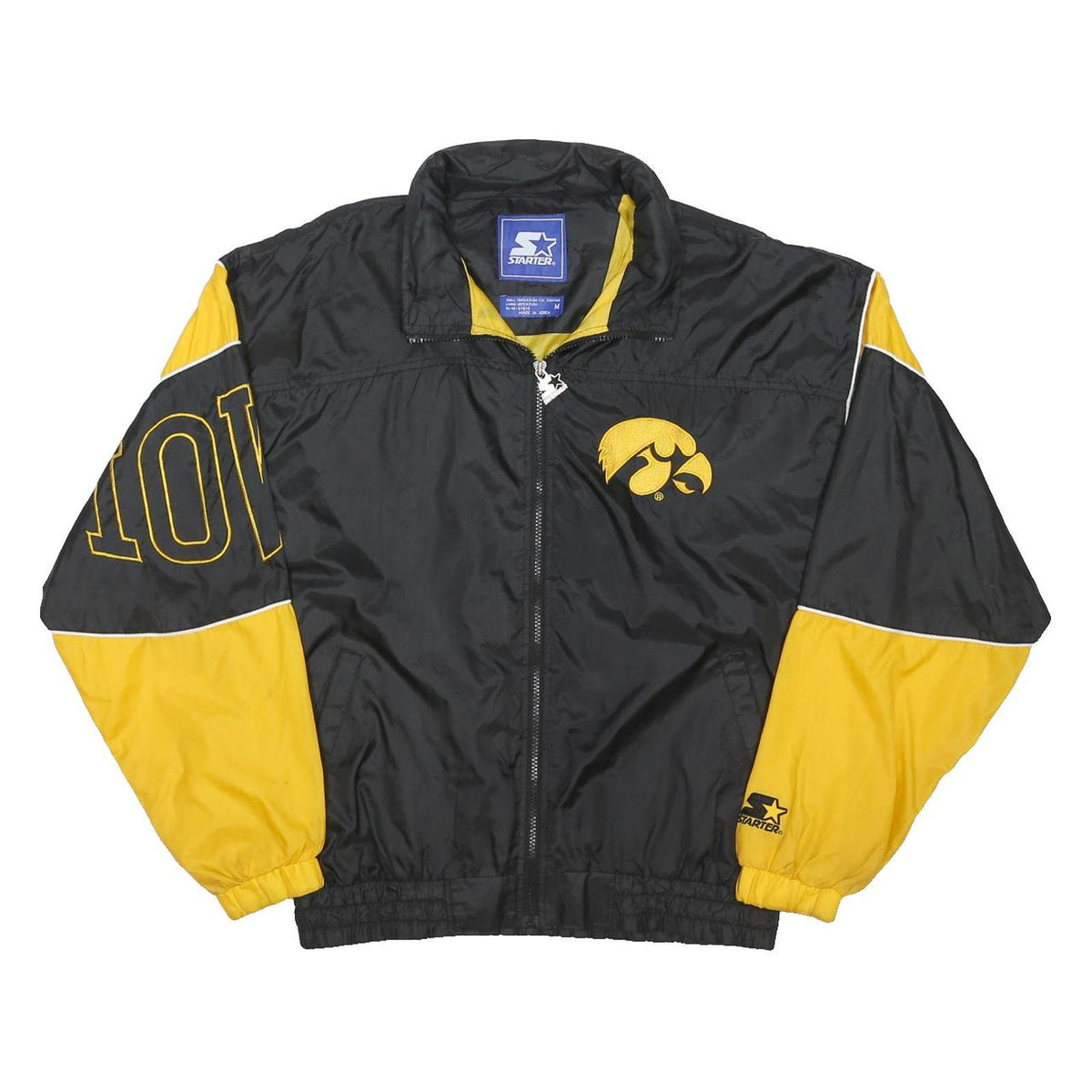 STARTER 90s Mens Black & Yellow Iowa Hawks Script Zip Jacket M Polyester Blend