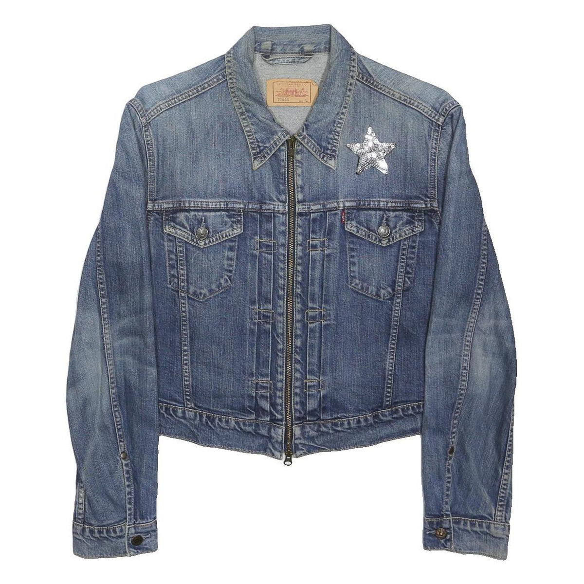 LEVI'S Womens Blue Denim Zip Jacket L Cotton Blend Star Skull Patch