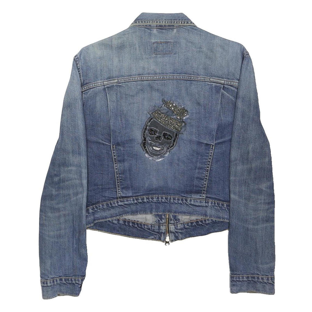 LEVI'S Womens Blue Denim Zip Jacket L Cotton Blend Star Skull Patch