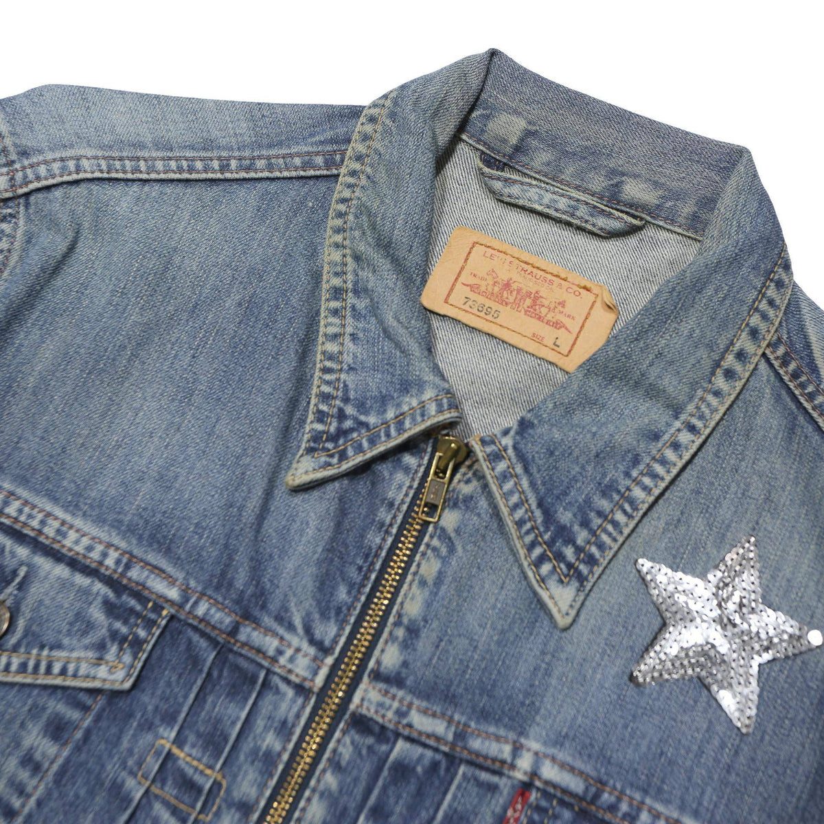 LEVI'S Womens Blue Denim Zip Jacket L Cotton Blend Star Skull Patch