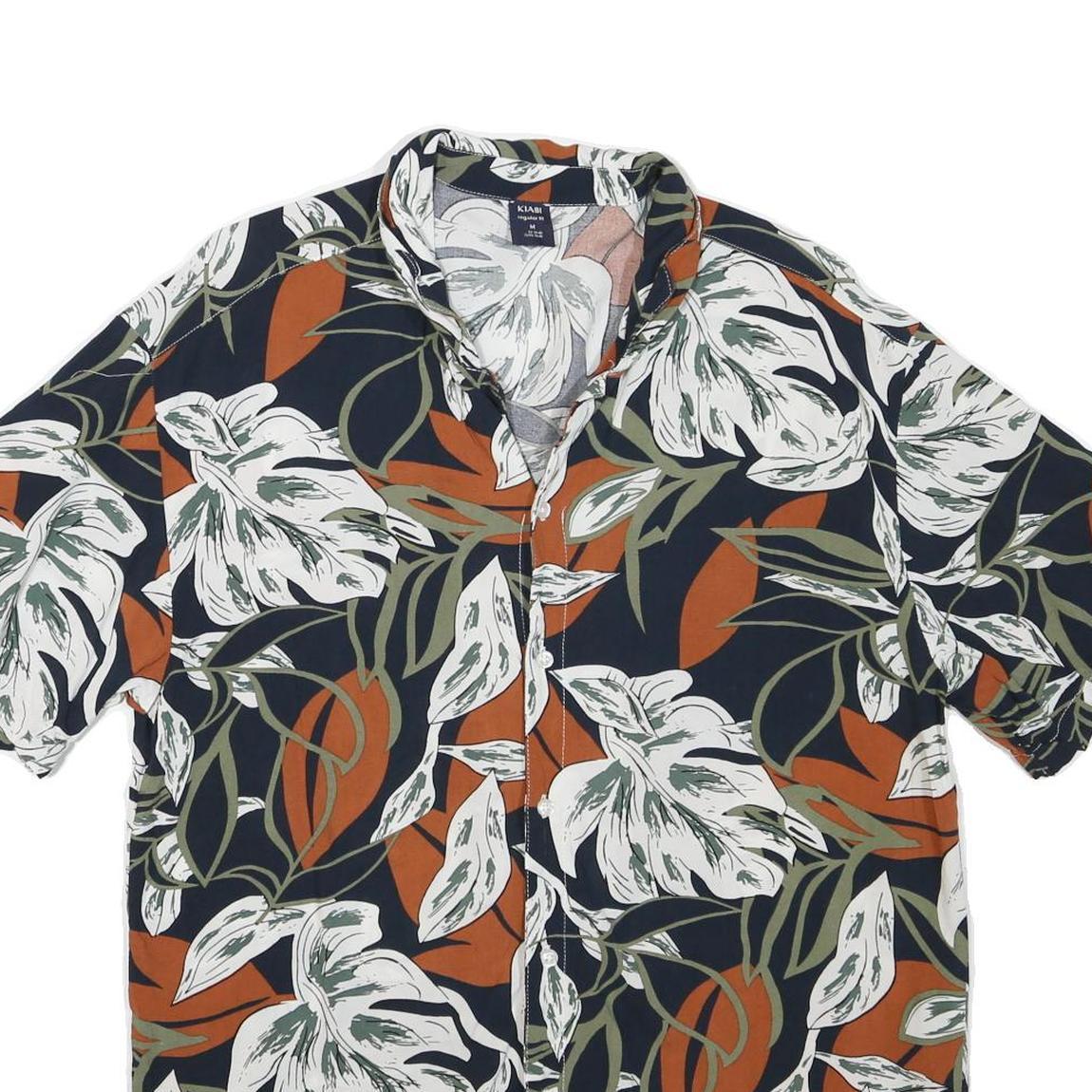 KIABI Mens Black & Rust Floral Pattern Shirt M Cotton Blend Short Sleeve Casual