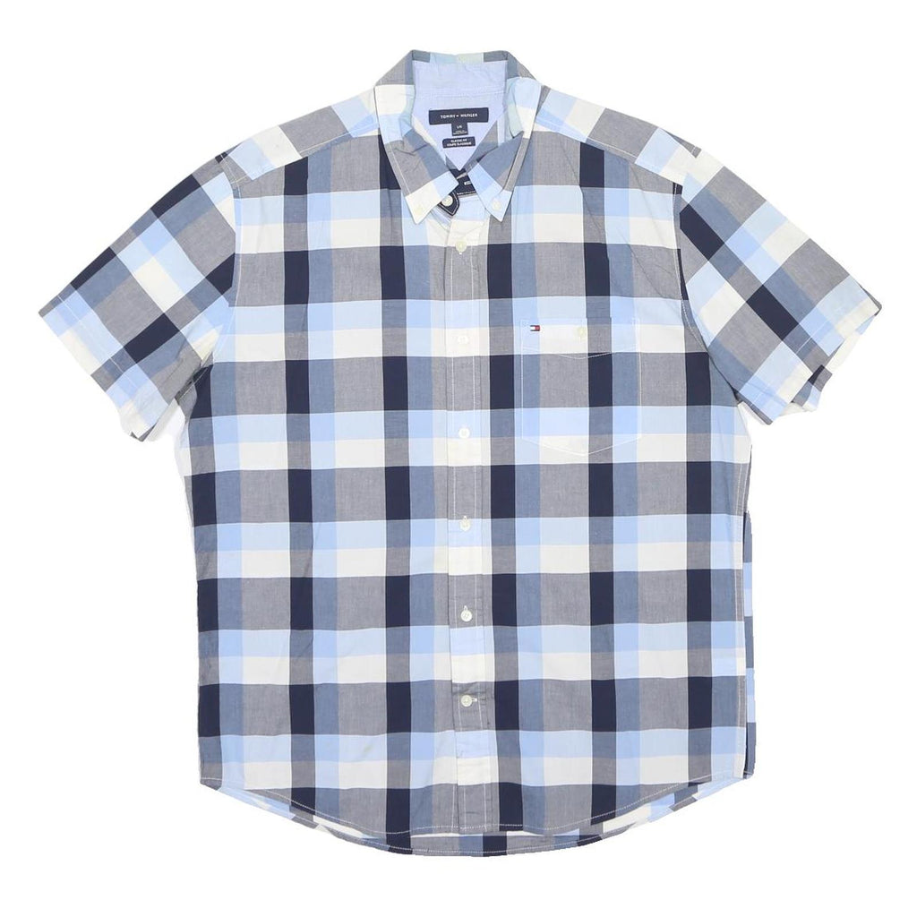 TOMMY HILFIGER Mens Blue & Grey Check Shirt L Cotton Short Sleeve Casual