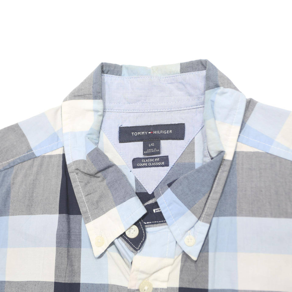 TOMMY HILFIGER Mens Blue & Grey Check Shirt L Cotton Short Sleeve Casual