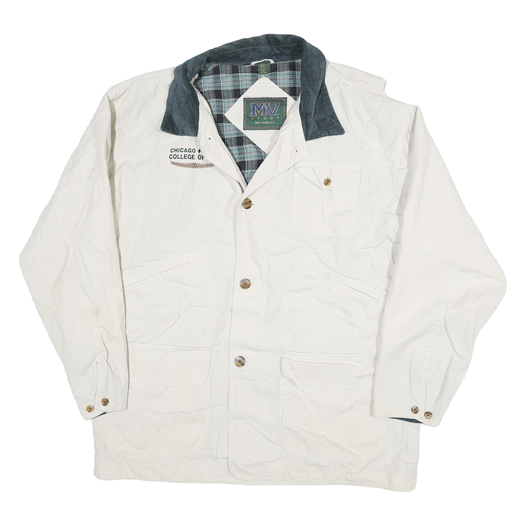 MV SPORT Mens White & Navy Coat Jacket M Cotton Button Plaid Check Casual