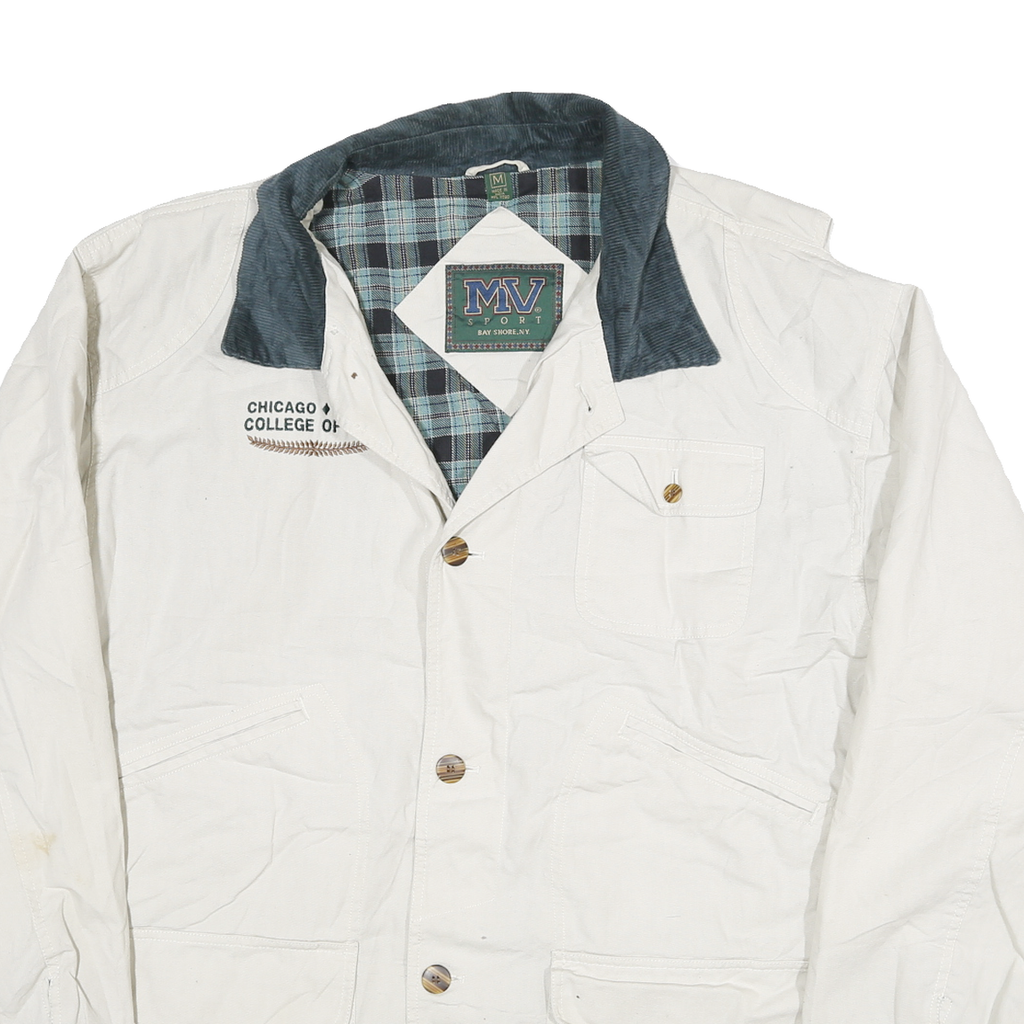 MV SPORT Mens White & Navy Coat Jacket M Cotton Button Plaid Check Casual