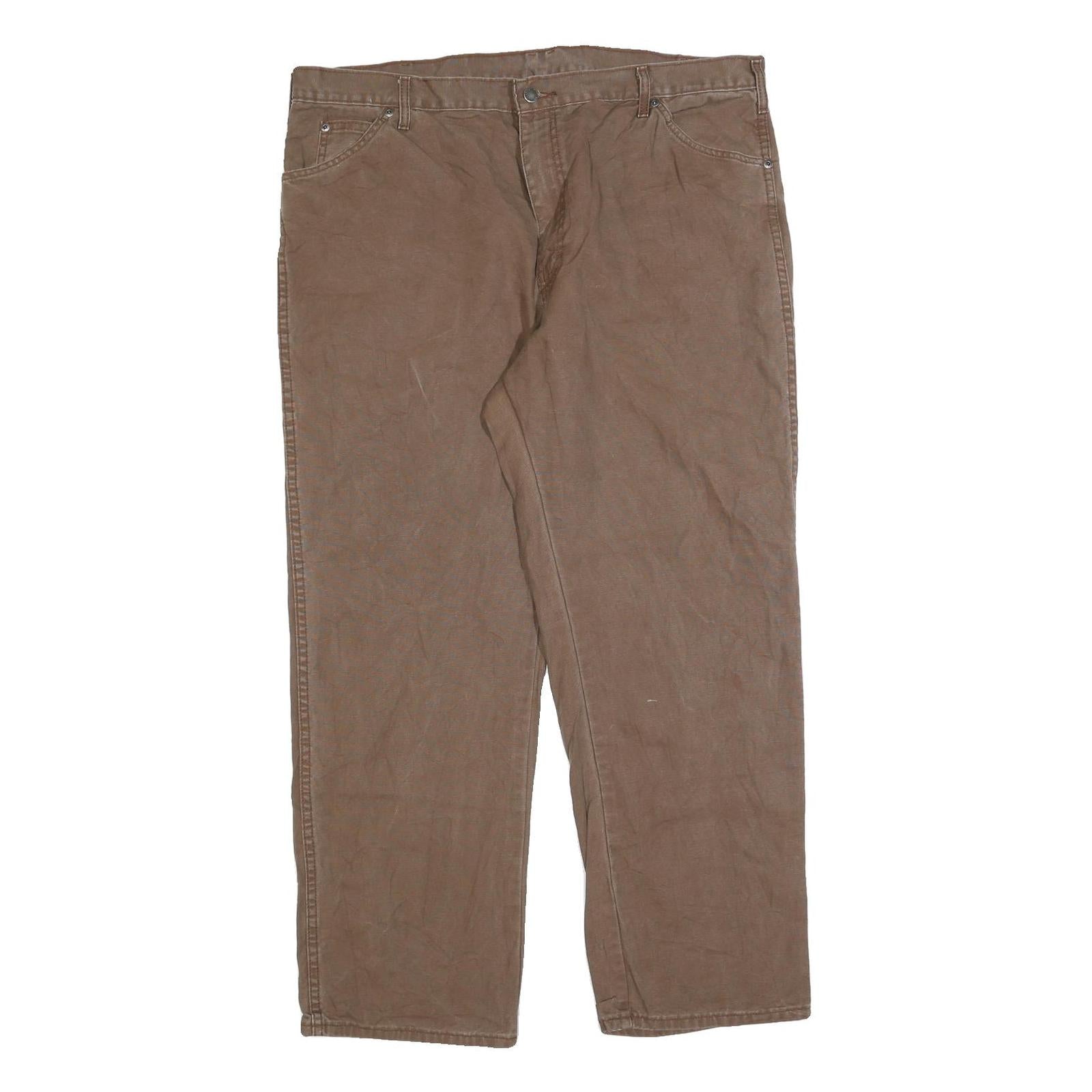 DICKIES Mens Cotton Blend Brown Relaxed Straight Trousers W40 L32 Workwear Zip