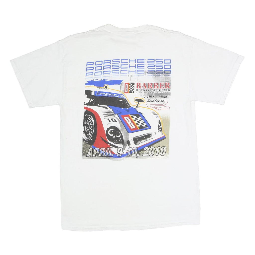 GILDAN Mens White Porsche 250 Graphic T-Shirt M Short Sleeve Crew Neck Racing