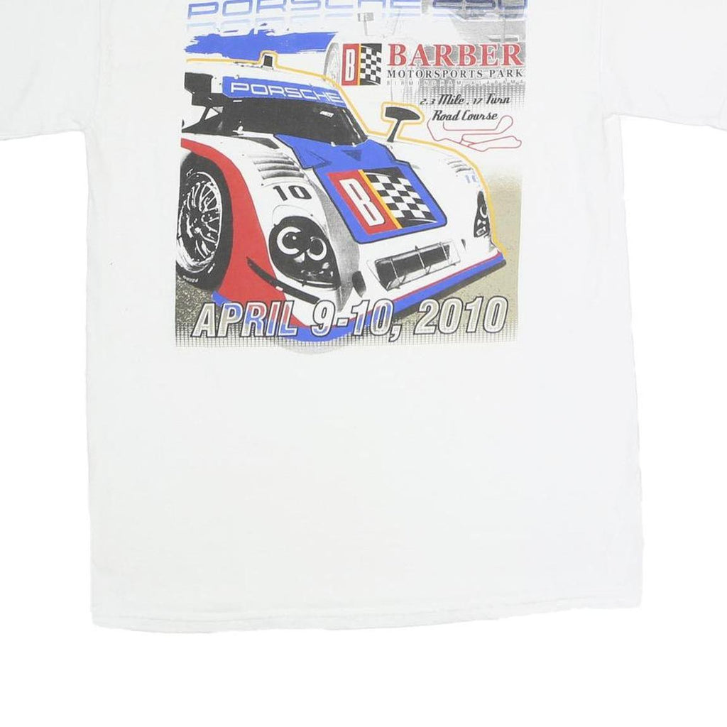 GILDAN Mens White Porsche 250 Graphic T-Shirt M Short Sleeve Crew Neck Racing