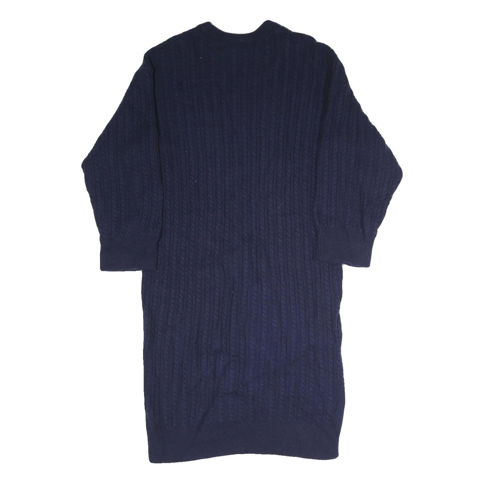 LACOSTE Womens Navy Blue Cotton Blend Cable Knit Midi Dress Long Sleeve L