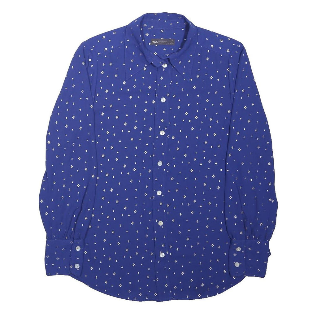 M&S Womens Blue Printed Long Sleeve Collared Shirt UK 10 Cotton Blend