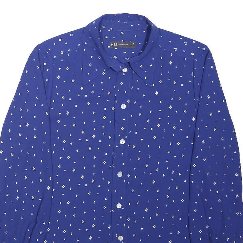 M&S Womens Blue Printed Long Sleeve Collared Shirt UK 10 Cotton Blend