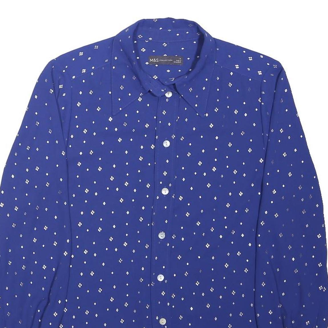 M&S Womens Blue Printed Long Sleeve Collared Shirt UK 10 Cotton Blend