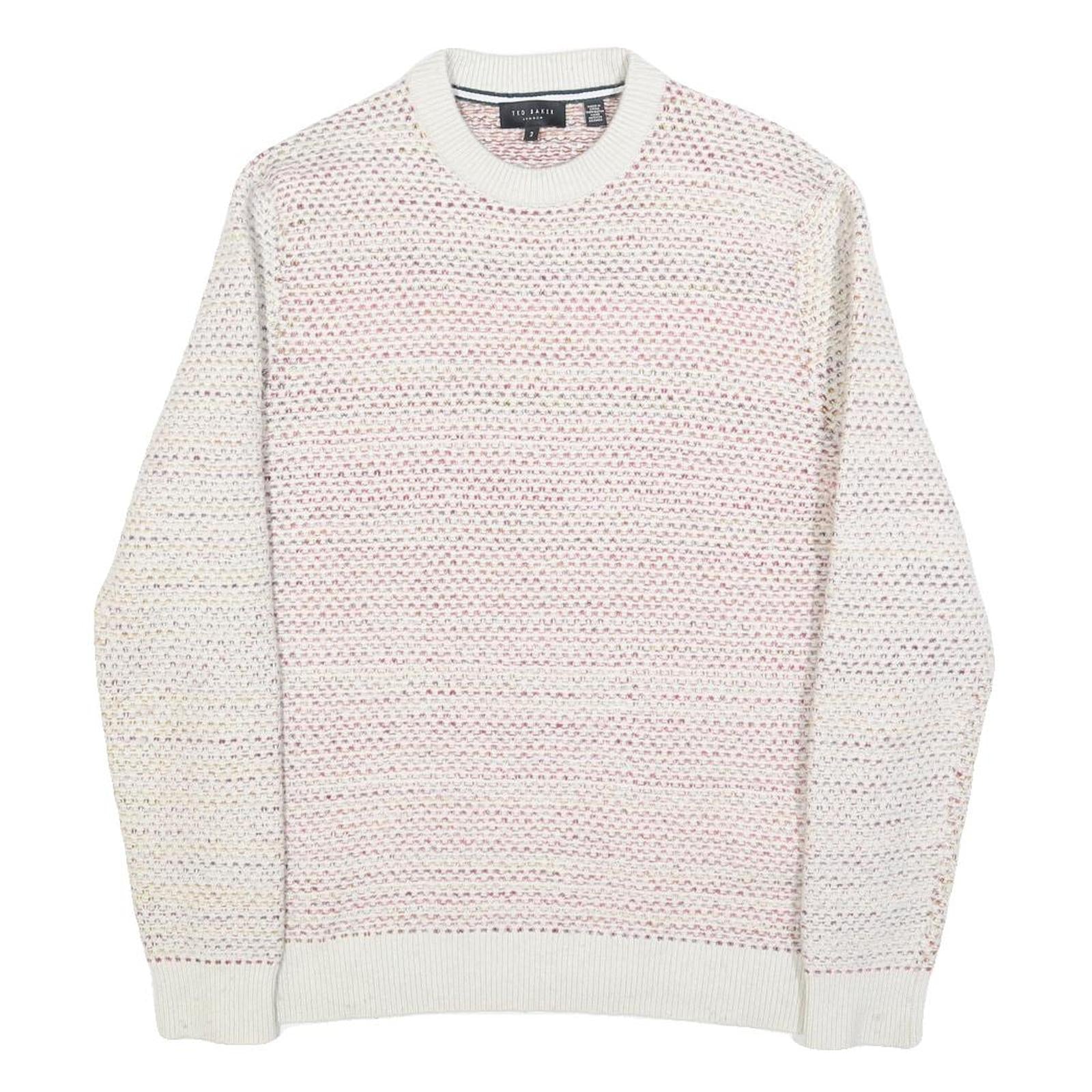 TED BAKER Mens Cream Patterned Cotton Blend Jumper Crew Neck Tight Knit S Light