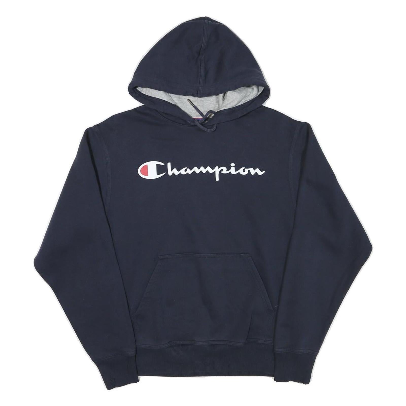 CHAMPION Mens Navy Blue Pullover Hoodie S Cotton Blend Classic Logo Sweatshirt