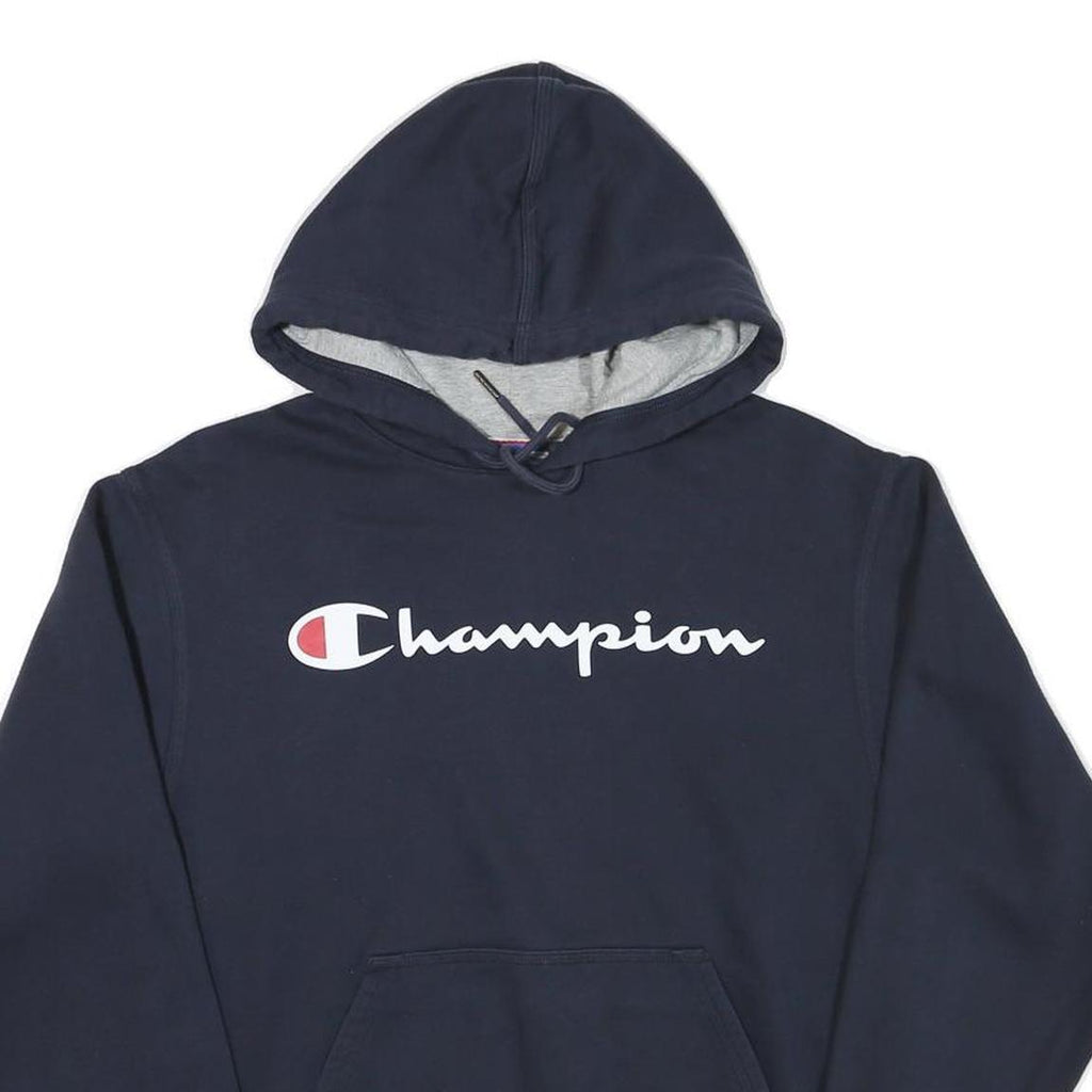 CHAMPION Mens Navy Blue Pullover Hoodie S Cotton Blend Classic Logo Sweatshirt
