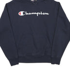 CHAMPION Mens Navy Blue Pullover Hoodie S Cotton Blend Classic Logo Sweatshirt