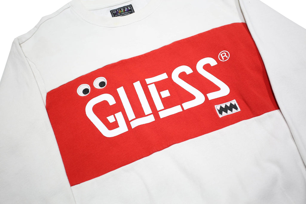 GUESS Mens White & Red Logo Crew Neck S Cotton Blend Sweatshirt Pullover