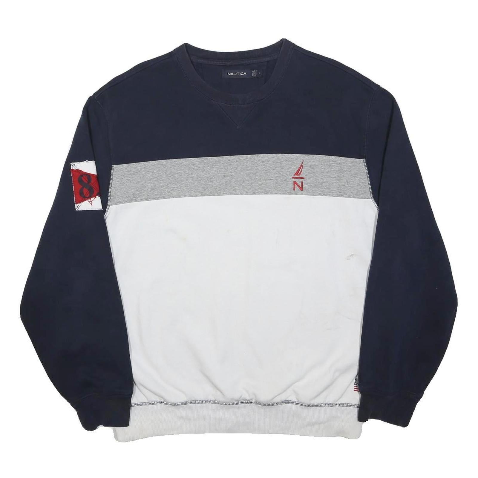 NAUTICA Mens Navy & Grey White Cotton Crew Neck Sweatshirt L Casual Style