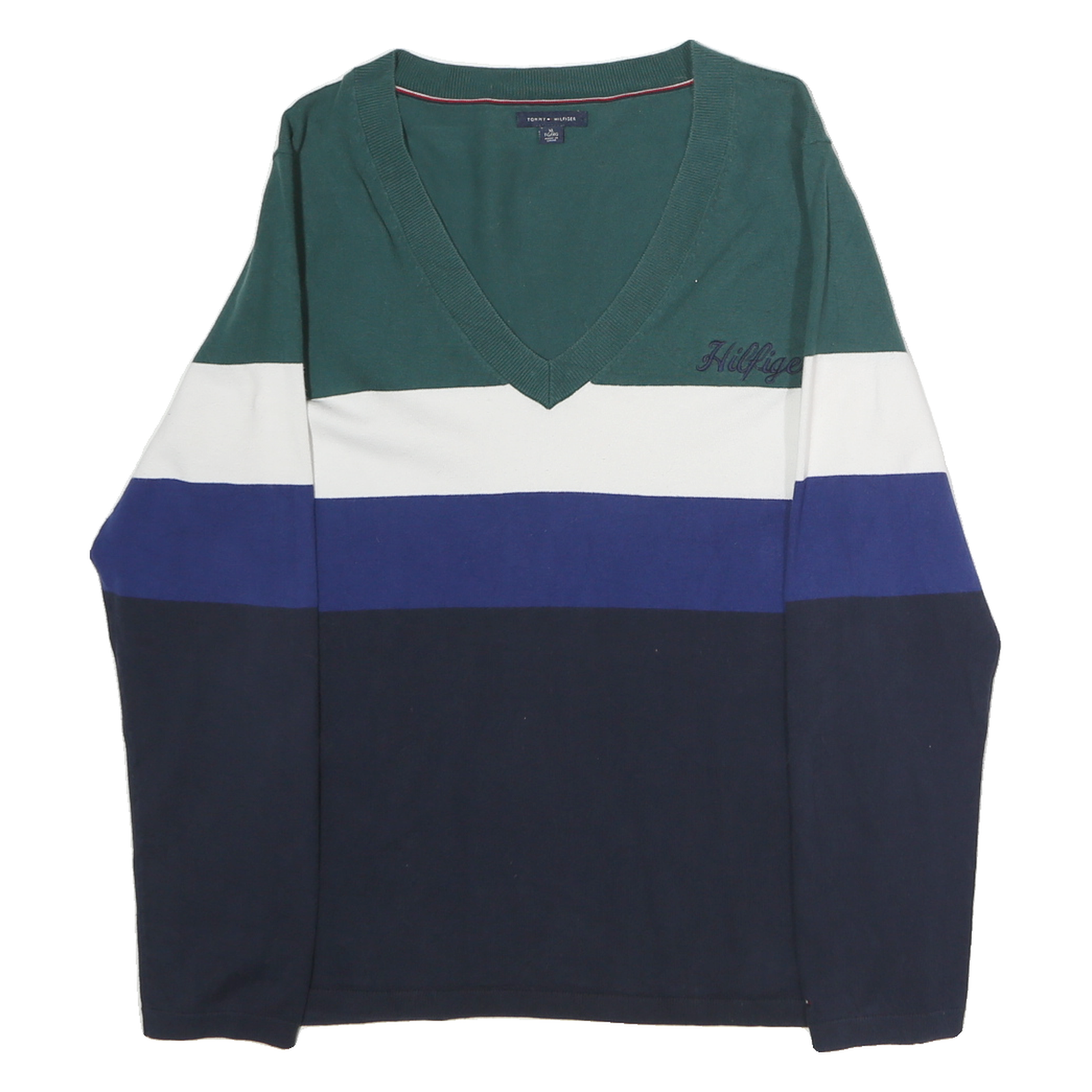 TOMMY HILFIGER Womens Green & White Blue & Navy Patterned V-Neck Basic Knit XL