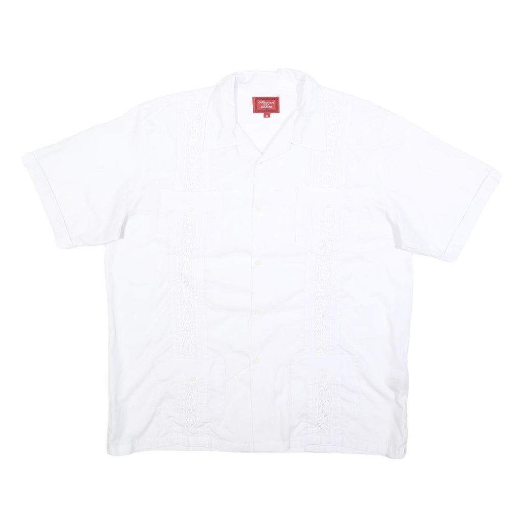 MAXIMOS Mens White Cotton Blend Shirt XL Button Front Short Sleeves Embroidered