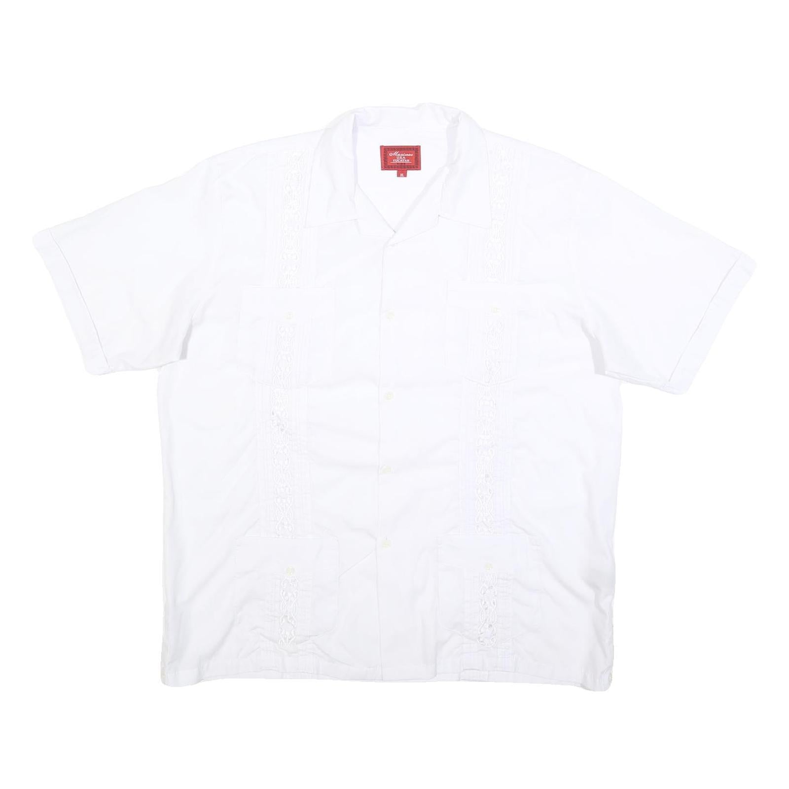 MAXIMOS Mens White Cotton Blend Shirt XL Button Front Short Sleeves Embroidered