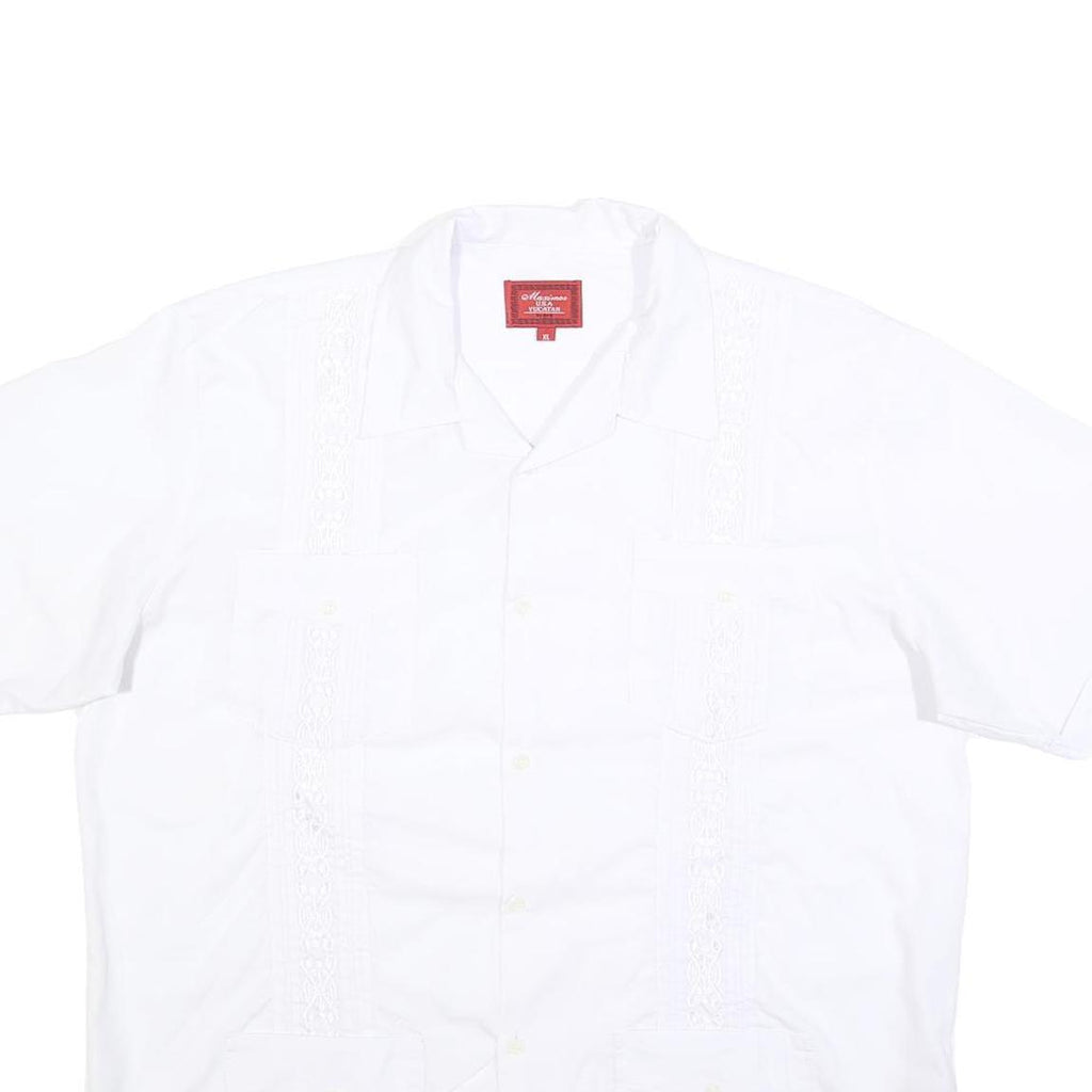 MAXIMOS Mens White Cotton Blend Shirt XL Button Front Short Sleeves Embroidered