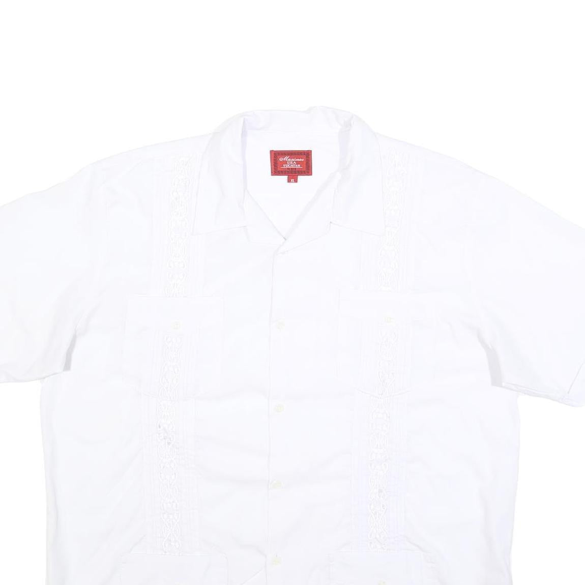 MAXIMOS Mens White Cotton Blend Shirt XL Button Front Short Sleeves Embroidered