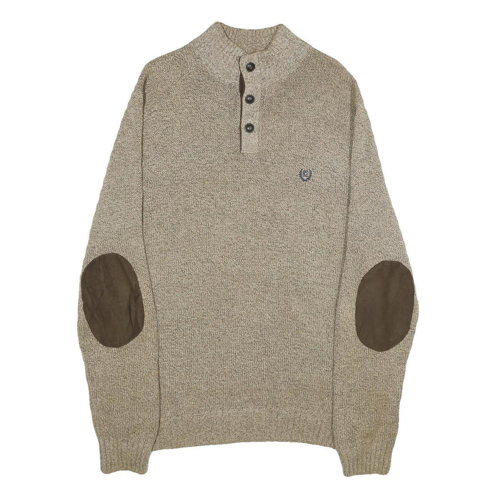 CHAPS Mens Beige Button Up Plain Henley Neck Basic Knit L Jumper Cotton Pullover