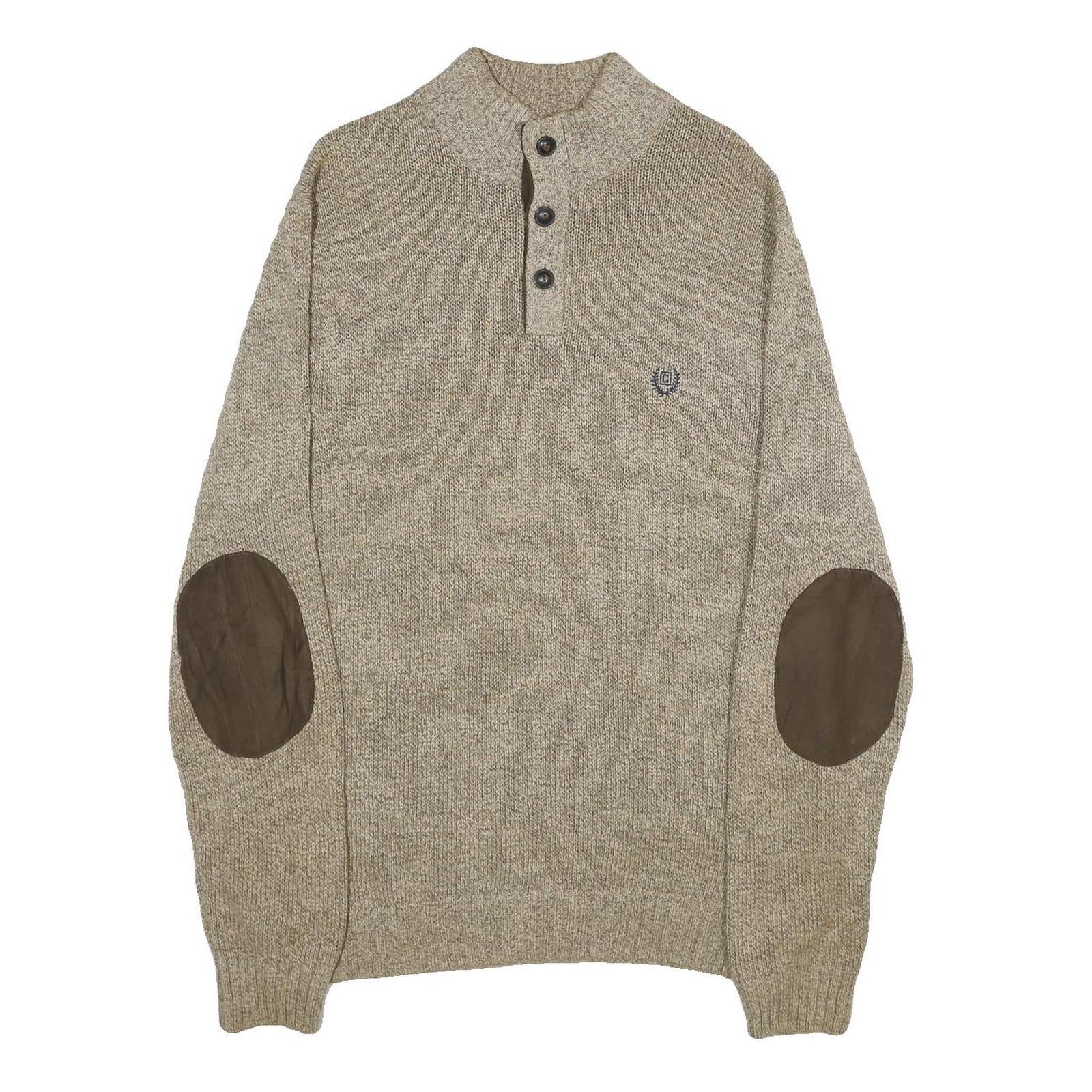 CHAPS Mens Beige Button Up Plain Henley Neck Basic Knit L Jumper Cotton Pullover