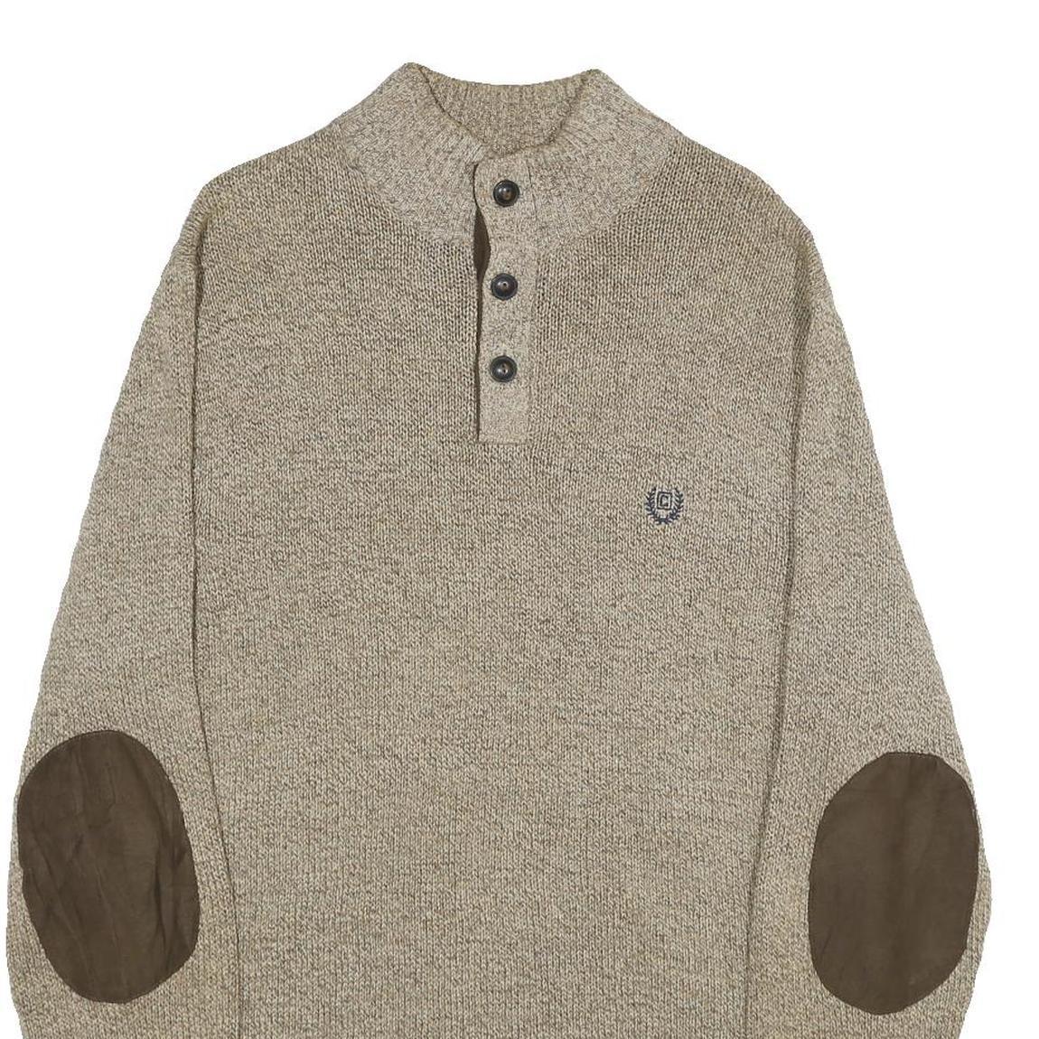 CHAPS Mens Beige Button Up Plain Henley Neck Basic Knit L Jumper Cotton Pullover