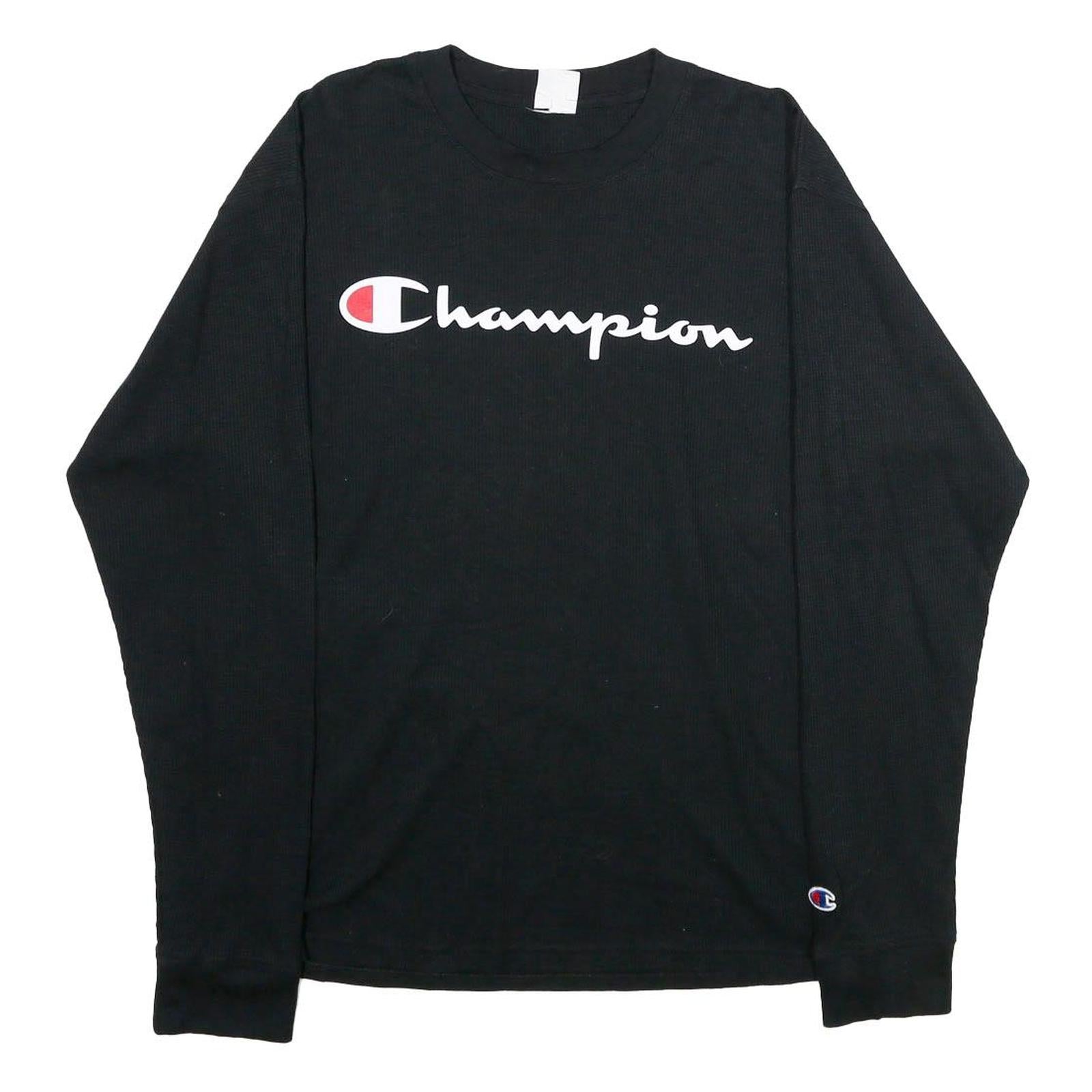 CHAMPION Mens Black Long Sleeve Crew Neck Cotton Blend T-Shirt M Logo Graphic