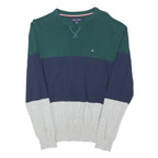 TOMMY HILFIGER Mens Green & Navy & Grey Plain Crew Neck Basic Knit Jumper M