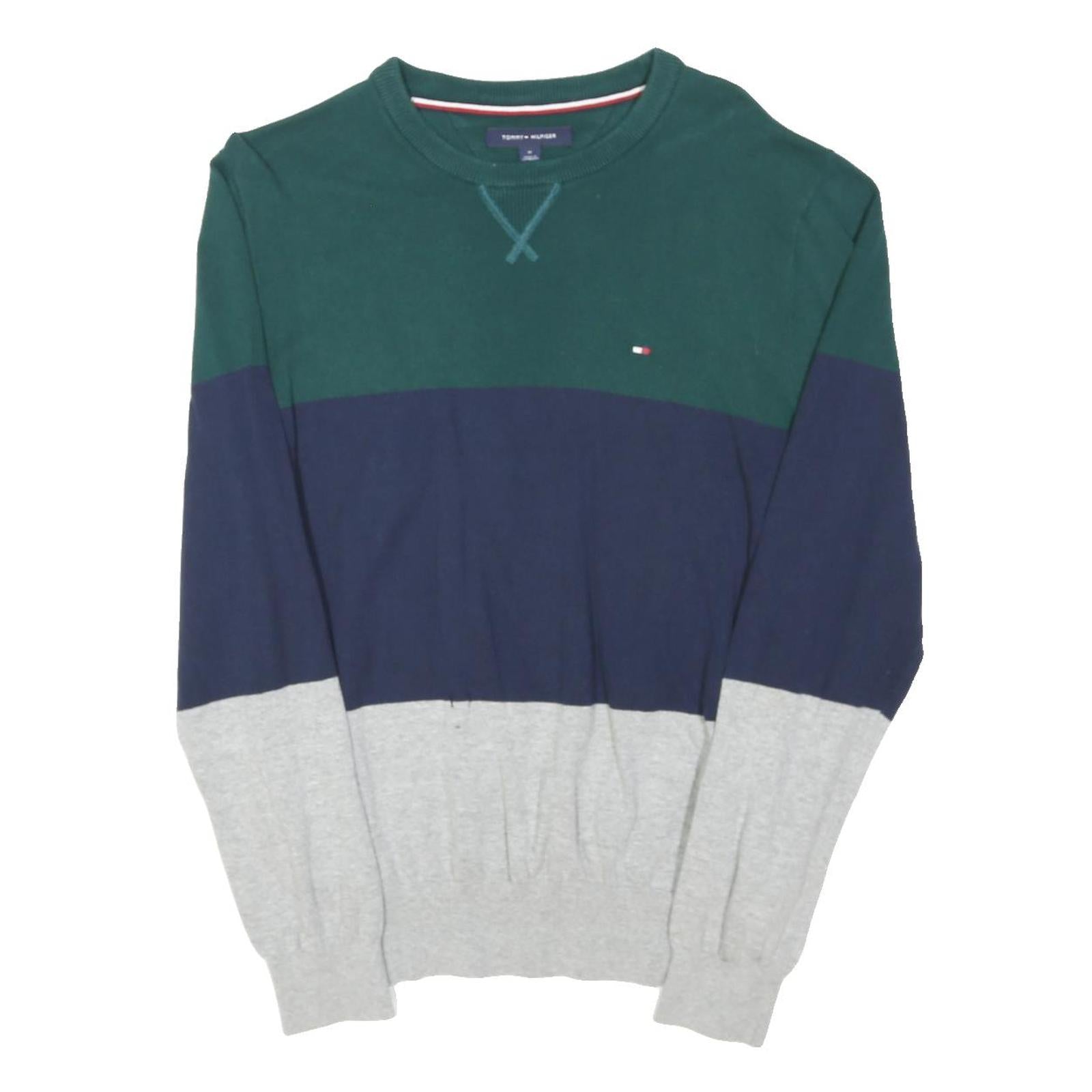 TOMMY HILFIGER Mens Green & Navy & Grey Plain Crew Neck Basic Knit Jumper M