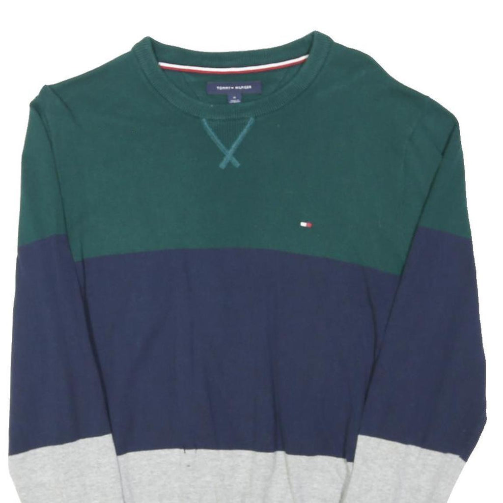 TOMMY HILFIGER Mens Green & Navy & Grey Plain Crew Neck Basic Knit Jumper M