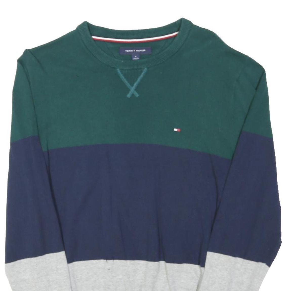 TOMMY HILFIGER Mens Green & Navy & Grey Plain Crew Neck Basic Knit Jumper M