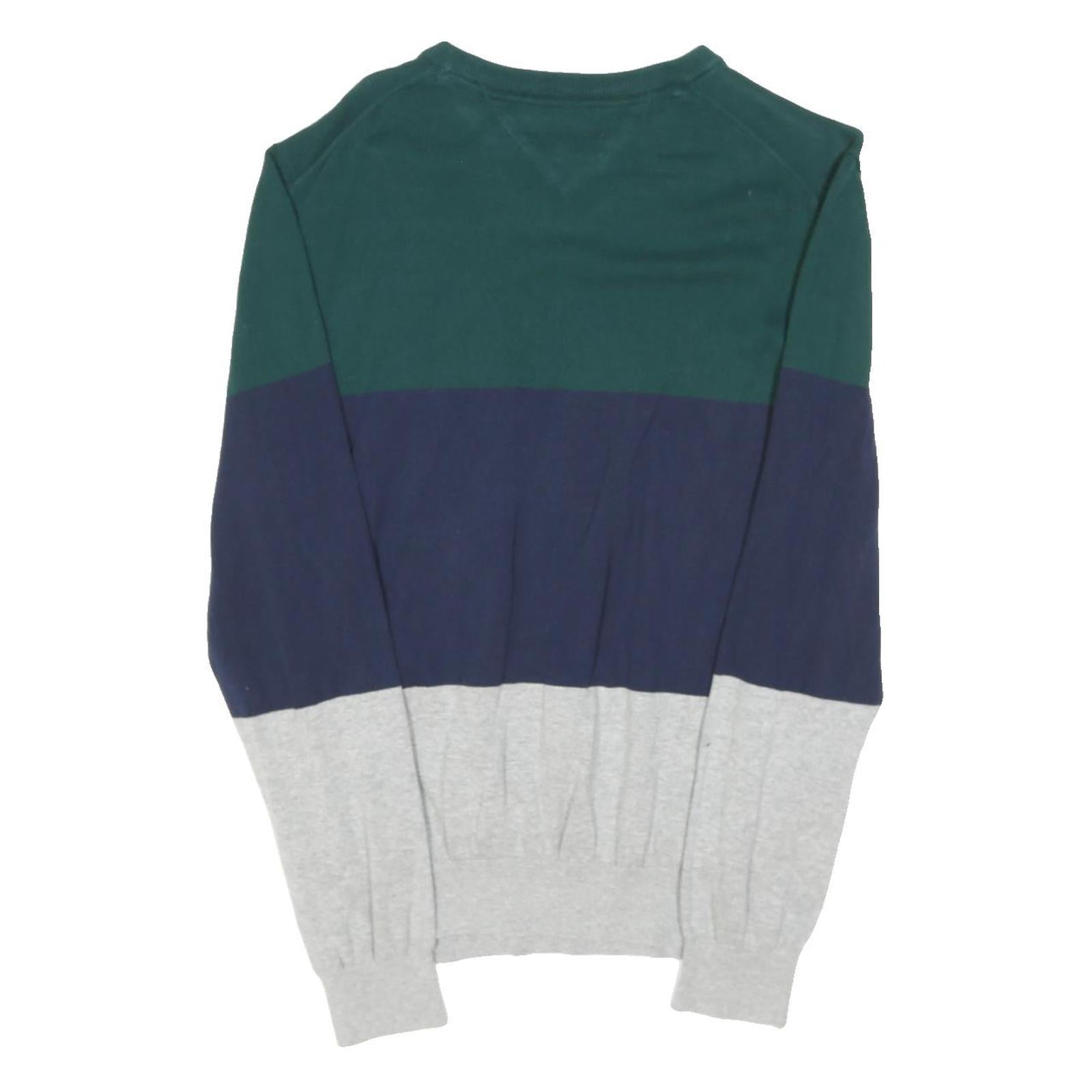 TOMMY HILFIGER Mens Green & Navy & Grey Plain Crew Neck Basic Knit Jumper M