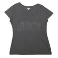 TRUE RELIGION Womens Black Jersey T-Shirt L Short Sleeve V-Neck Juicy Print