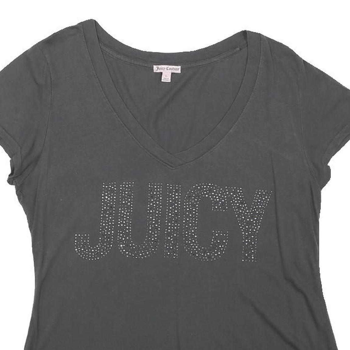 TRUE RELIGION Womens Black Jersey T-Shirt L Short Sleeve V-Neck Juicy Print