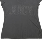 TRUE RELIGION Womens Black Jersey T-Shirt L Short Sleeve V-Neck Juicy Print