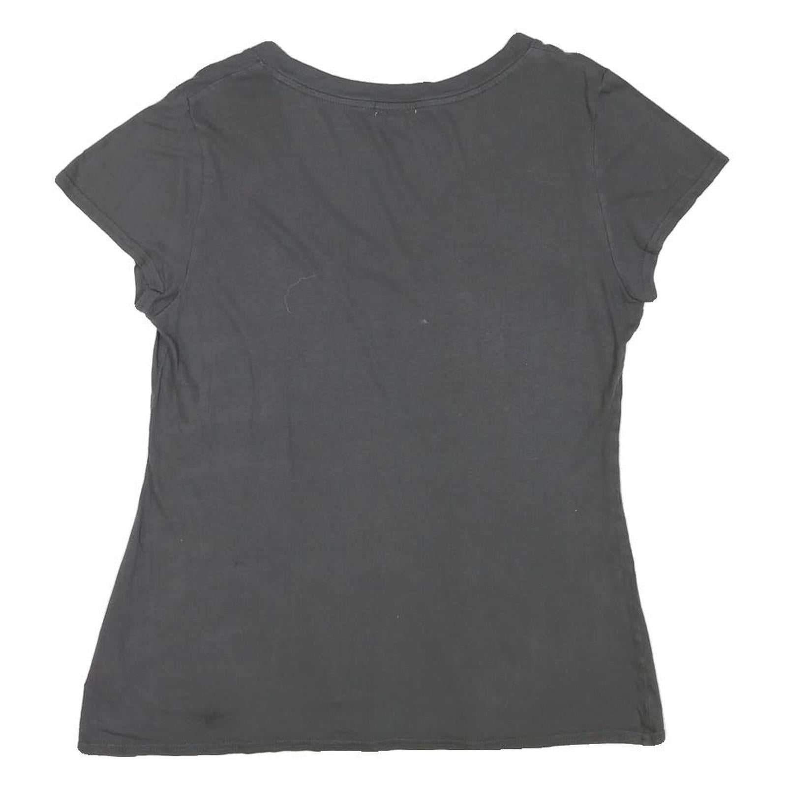 TRUE RELIGION Womens Black Jersey T-Shirt L Short Sleeve V-Neck Juicy Print