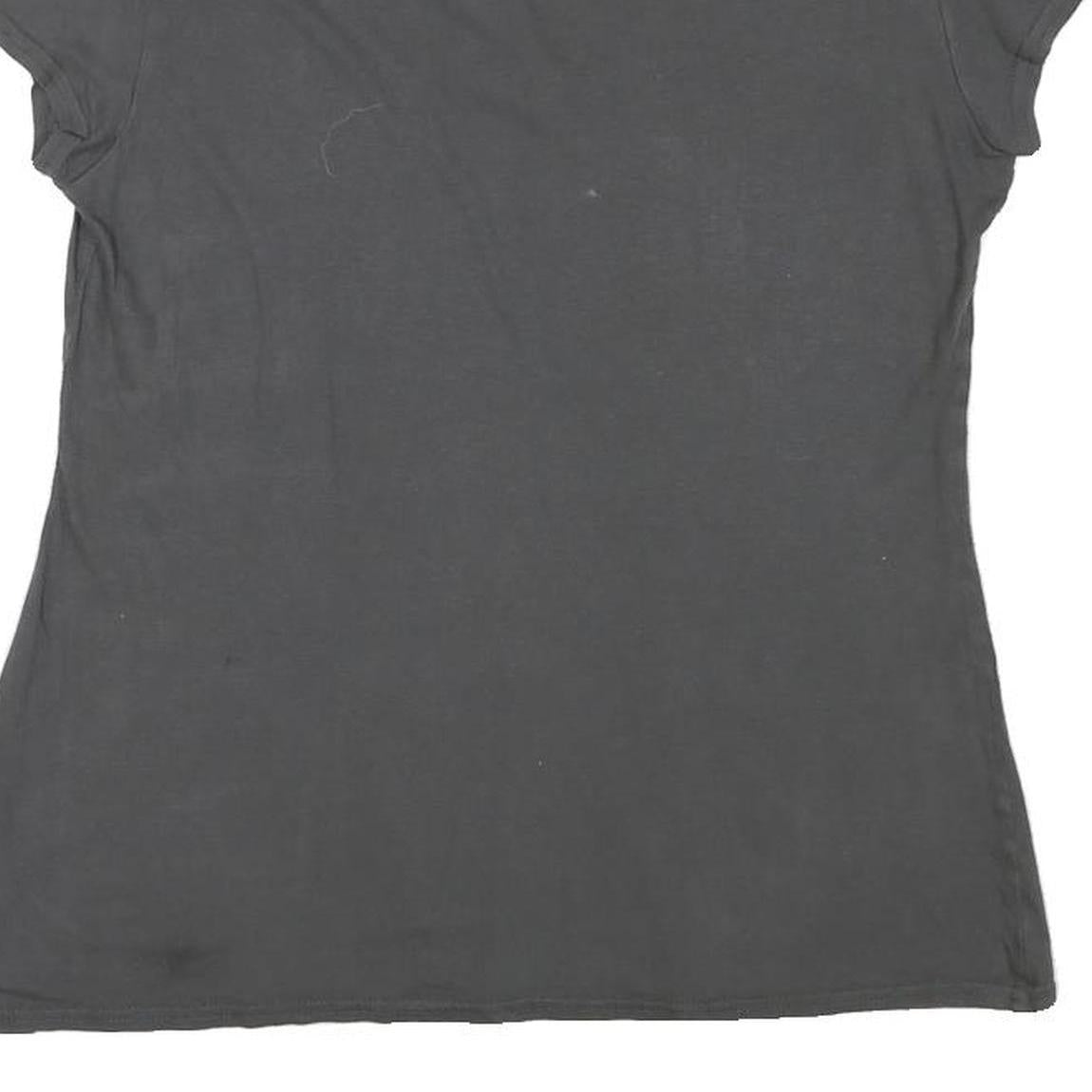 TRUE RELIGION Womens Black Jersey T-Shirt L Short Sleeve V-Neck Juicy Print