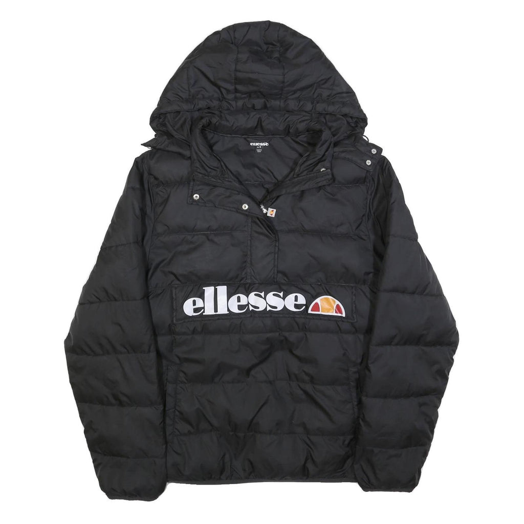 ELLESSE Womens Black Hooded Puffer Jacket UK 16 Polyester Zip Logo Printed