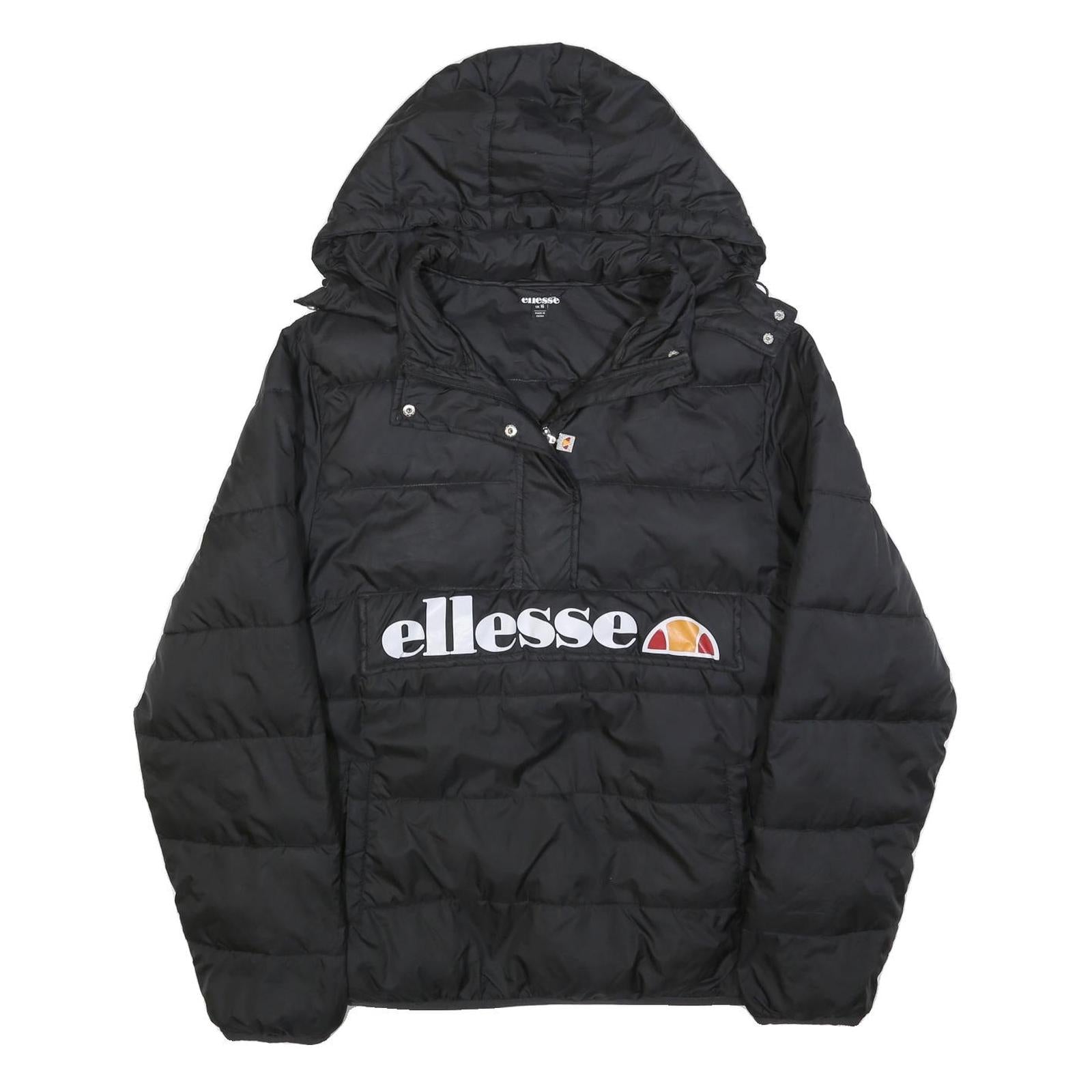ELLESSE Womens Black Hooded Puffer Jacket UK 16 Polyester Zip Logo Printed