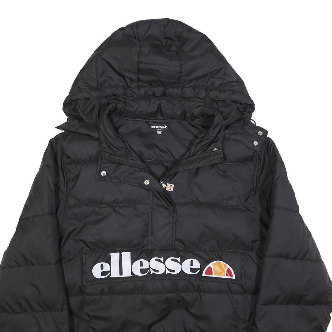 ELLESSE Womens Black Hooded Puffer Jacket UK 16 Polyester Zip Logo Printed