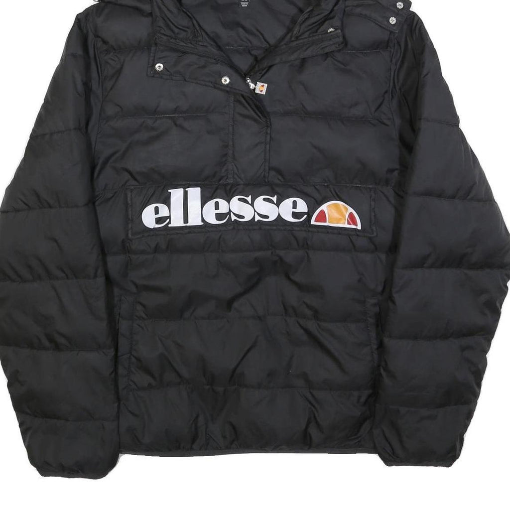 ELLESSE Womens Black Hooded Puffer Jacket UK 16 Polyester Zip Logo Printed