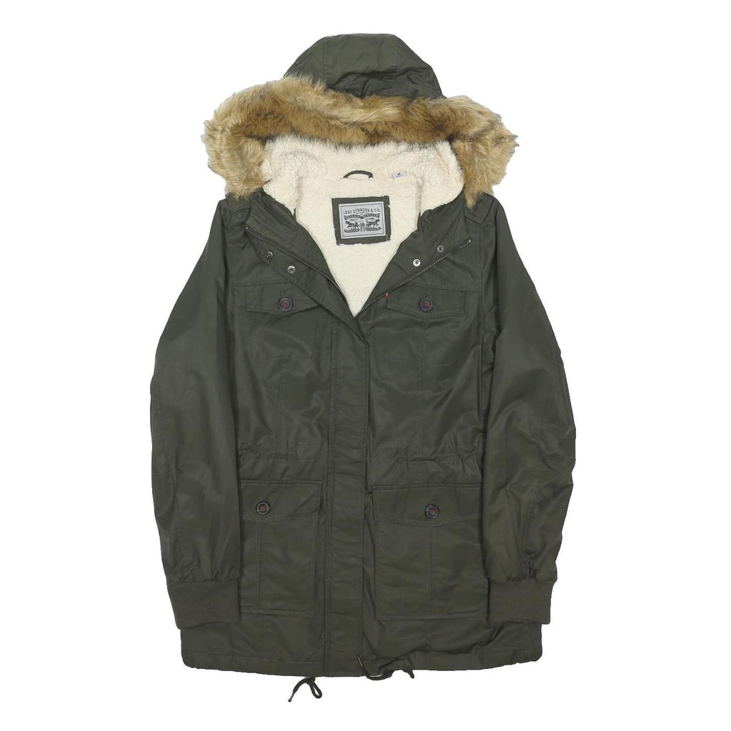 LEVI'S Womens Green Cotton Blend Parka Jacket M Zip Hooded Sherpa Lined
