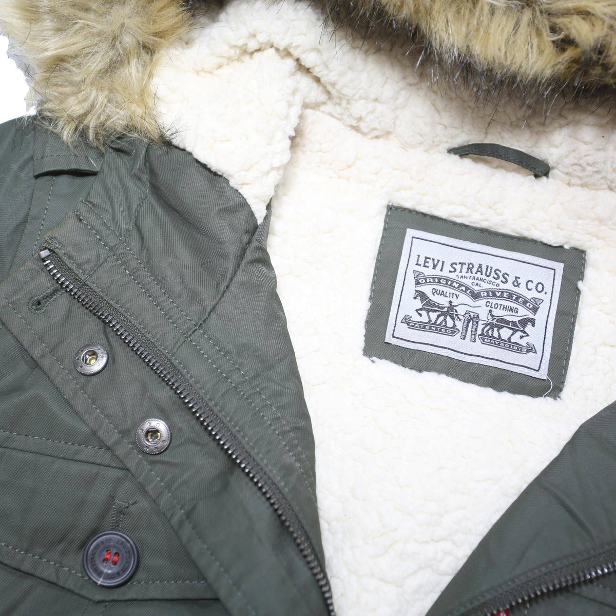 LEVI'S Womens Green Cotton Blend Parka Jacket M Zip Hooded Sherpa Lined